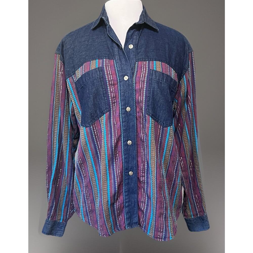 Vintage 90s Huntington Ridge 100% Cotton Western Denim Shirt Medium Long Sleeve